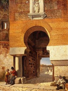 Moorish gate at the parade ground on the Alcántara Bridge in Toledo, 1866. Creator: Cecilio Pizarro
