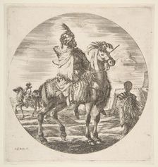 Moorish horseman in profile facing right, a black slave holding a fur at right, anothe..., ca. 1651. Creator: Stefano della Bella