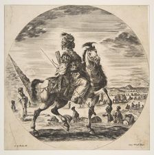 Moorish horseman in profile facing right, in the background a pyramid at left, many fi..., ca. 1651. Creator: Stefano della Bella