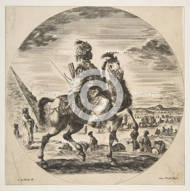Moorish horseman in profile facing right, in the background a pyramid at left, many fi..., ca. 1651. Creator: Stefano della Bella.