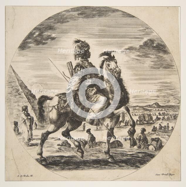 Moorish horseman in profile facing right, in the background a pyramid at left, many fi..., ca. 1651. Creator: Stefano della Bella.
