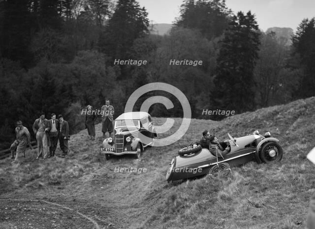 Morgan 3-wheeler of HEG Cox competing in the MCC Edinburgh Trial, Roxburghshire, Scotland, 1938. Artist: Bill Brunell.