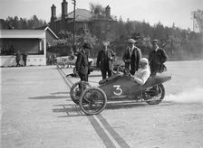 Morgan and Crouch cars on the start line of a motor race, Brooklands, 1914. Artist: Bill Brunell