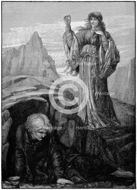Morgan le Fay casts spell on Merlin. Artist: Henry Ryland