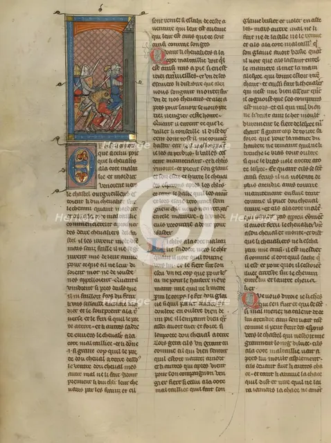 Mordret and Knight à la cote mal taillée Pursuing Two Knights, about 1320-1340. Creator: Unknown.