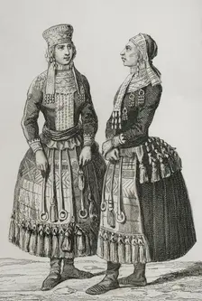Mordvin women wearing traditional costumes, 1839. Creator: Augustin François Lemaitre