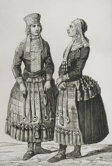 Mordvin women wearing traditional costumes, 1839. Creator: Augustin François Lemaitre