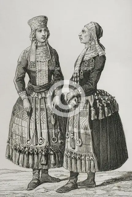 Mordvin women wearing traditional costumes, 1839. Creator: Augustin François Lemaitre.