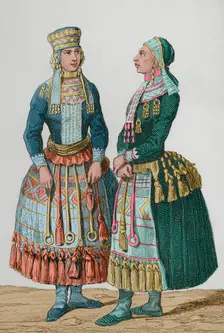 Mordvin women wearing traditional costumes, 1839. Creators: Augustin François Lemaitre, Emile Louis Vernier