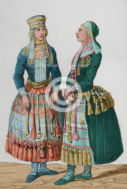 Mordvin women wearing traditional costumes, 1839. Creators: Augustin François Lemaitre, Emile Louis Vernier.