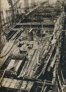More than 1,000 Feet Long. Shell of Queen Mary in early days of construction 1930-1934, (1936)