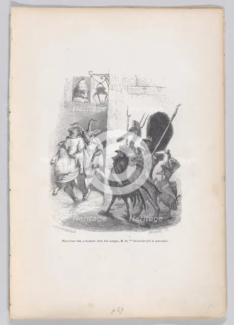 More than once, while leaving the masked ball Mr. de *** was arrested by the patrol..., ca. 1837-47. Creator: Louis-Henri Brevière.