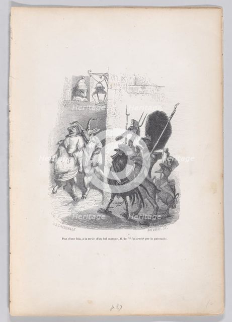 More than once, while leaving the masked ball Mr. de *** was arrested by the patrol..., ca. 1837-47. Creator: Louis-Henri Brevière.