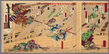 Mori Ranmaru Killed in Battle at Honnoji (Honnoji ni Mori Ranmaru uchijini no zu), from th..., 1886. Creator: Yoshifuji
