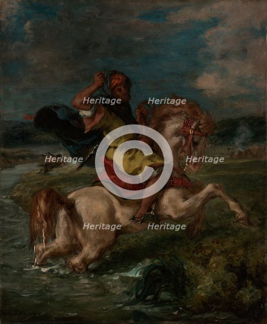 Moroccan Horseman Crossing a Ford, about 1850. Creator: Eugene Delacroix.