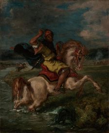 Moroccan Horseman Crossing a Ford, about 1850. Creator: Eugene Delacroix