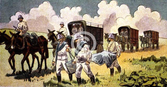 Morocco's War (1909-1913), the Red Cross transporting the injured men to hospitals, drawing of th…