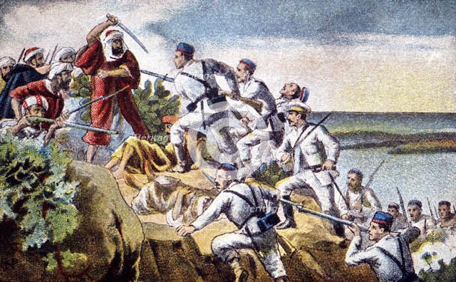 Morocco's War (1909-1913), combat and occupation of the Atalayon, drawing of the time.