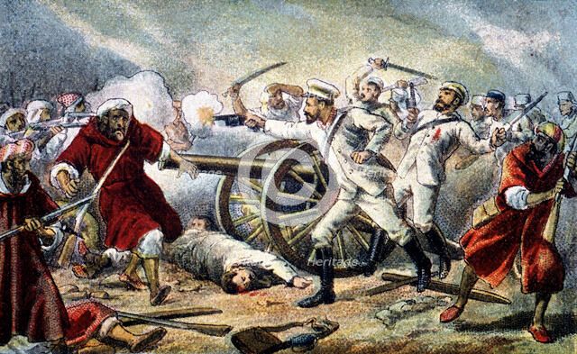 Morocco's War (1909-1913), combat defending the cannons, drawing from the time.