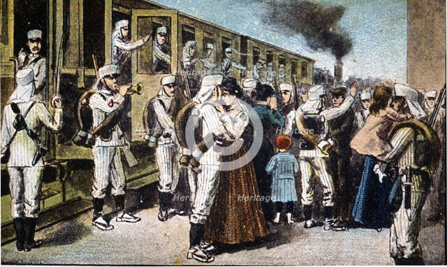 Morocco's War (1909-1913), reservists boarding in the Madrid station, drawing of the time.