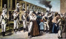 Morocco's War (1909-1913), reservists boarding in the Madrid station, drawing of the time