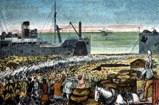 Morocco's War (1909-1913), Spanish troops landing in Melilla, drawing of the time