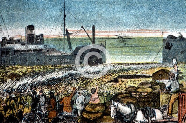 Morocco's War (1909-1913), Spanish troops landing in Melilla, drawing of the time.