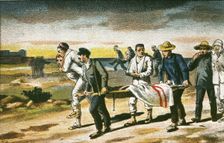 Morocco Campaign in 1913, conduction of Spanish wounded men after a battle, colored engraving