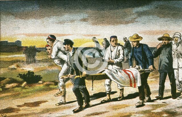 Morocco Campaign in 1913, conduction of Spanish wounded men after a battle, colored engraving.