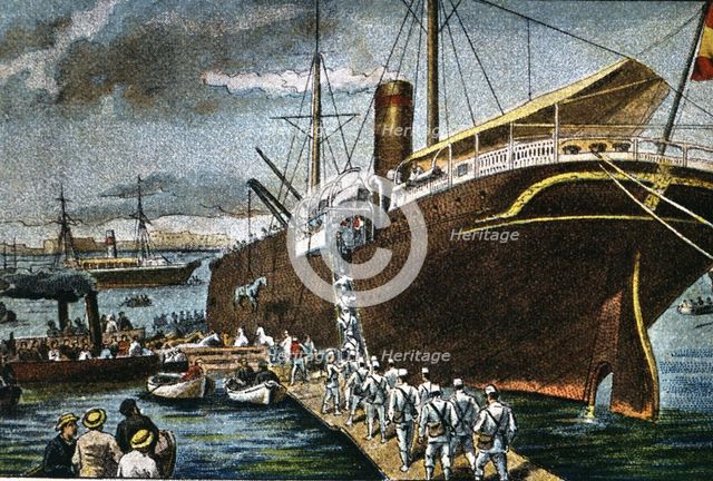 Morocco Campaign, shipment of troops in the port of Barcelona in the Buenos Aires liner bound to …