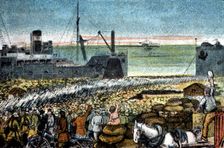 Morocco's War (1909-1913), Spanish troops landing in Melilla, drawing of the time