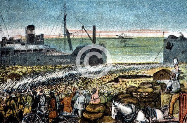 Morocco's War (1909-1913), Spanish troops landing in Melilla, drawing of the time.