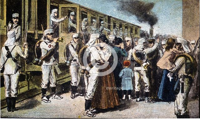 Morocco's War (1909-1913), reservists boarding in the Madrid station, drawing of the time.