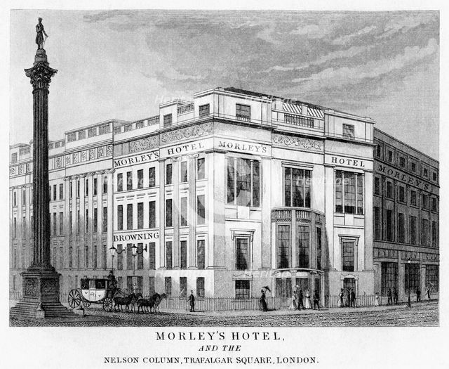Morley's Hotel and Nelson's Column, Trafalgar Square, Westminster, London, 19th century. Artist: Unknown