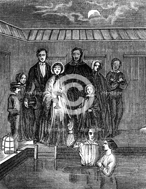 Mormon baptism by total immersion, Salt Lake City, Utah, 1853. Artist: Unknown