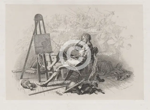 Morning after the Masked Ball: Emil Theodor Richter at His Easel, 1840. Creator: Eugen Napoleon Neureuther.