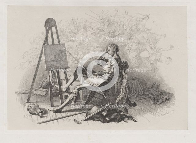 Morning after the Masked Ball: Emil Theodor Richter at His Easel, 1840. Creator: Eugen Napoleon Neureuther.