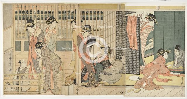 Morning Parting at the Temporary Lodgings of the Pleasure Quarter, 1801. Artist: Utamaro, Kitagawa (1753-1806)