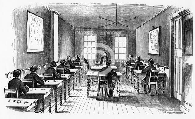 Morse telegraph operating room, Cincinnati, Ohio, USA, 1859. Creator: Unknown.