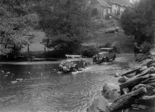 Morris Minor and officials Riley Monaco, Mid Surrey AC Trial, Tarr Steps, Exmoor, Somerset, 1934. Artist: Bill Brunell