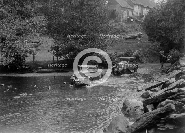 Morris Minor and officials' Riley Monaco, Mid Surrey AC Trial, Tarr Steps, Exmoor, Somerset, 1934. Artist: Bill Brunell.