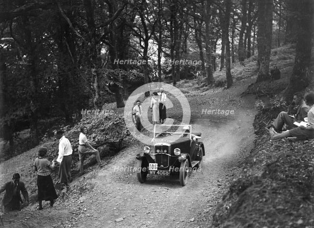 Morris Minor taking part in the B&HMC Brighton-Beer Trial, Fingle Bridge Hill, Devon, 1934. Artist: Bill Brunell.