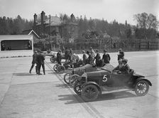 Morris, Morgan and Crouch cars on the start line of a motor race, Brooklands, 1914. Artist: Bill Brunell