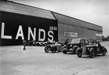 Morris, Ford V8 and MG PA Midget cars at the MCC Members Meeting, Brooklands, 10 September 1938. Artist: Bill Brunell