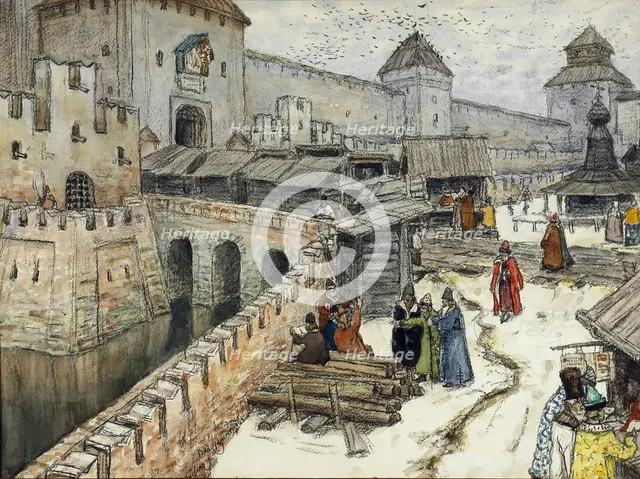 Moscow in the 17th Century. Bookshops on the Christ the Saviour Bridge, 1902. Artist: Vasnetsov, Appolinari Mikhaylovich (1856-1933)