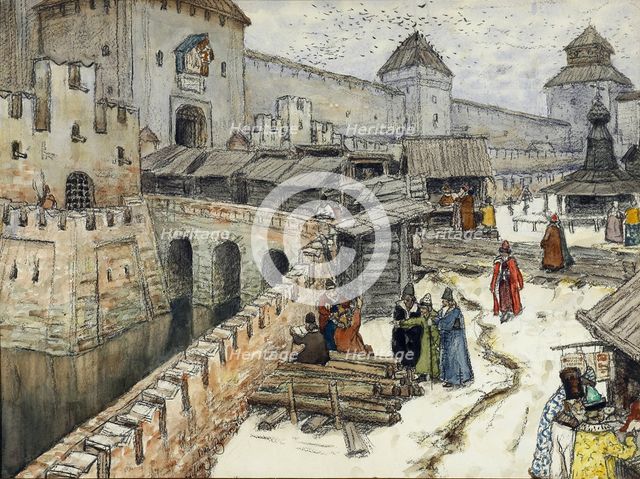Moscow in the 17th Century. Bookshops on the Christ the Saviour Bridge, 1902. Artist: Vasnetsov, Appolinari Mikhaylovich (1856-1933)