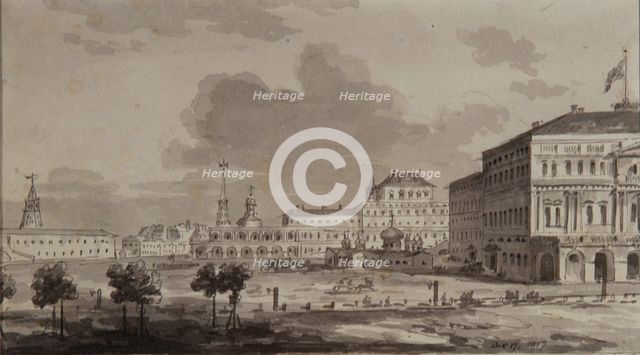Moscow Kremlin before the construction of the Grand Kremlin Palace, 1817. Artist: Vorobyev, Maxim Nikiphorovich (1787-1855)