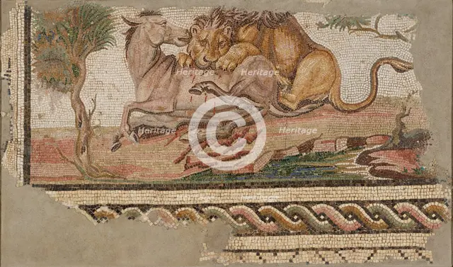 Mosaic of a Lion Attacking an Onager, A.D. 150-200. Creator: Unknown.
