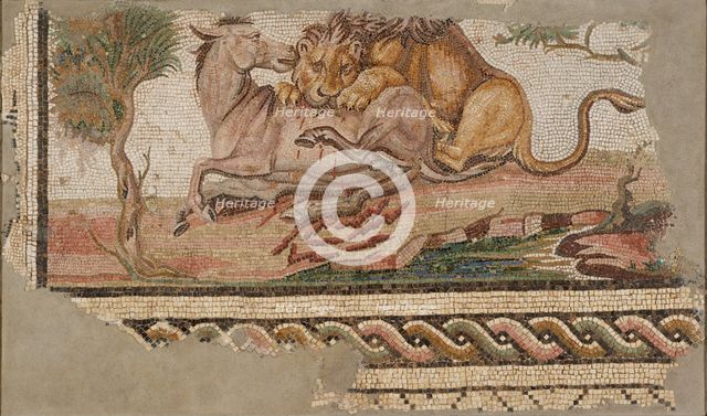 Mosaic of a Lion Attacking an Onager, A.D. 150-200. Creator: Unknown.
