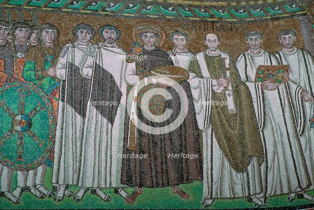 Mosaic of the Byzantine Emperor Justinian I and his court, 6th century. Artist: Unknown